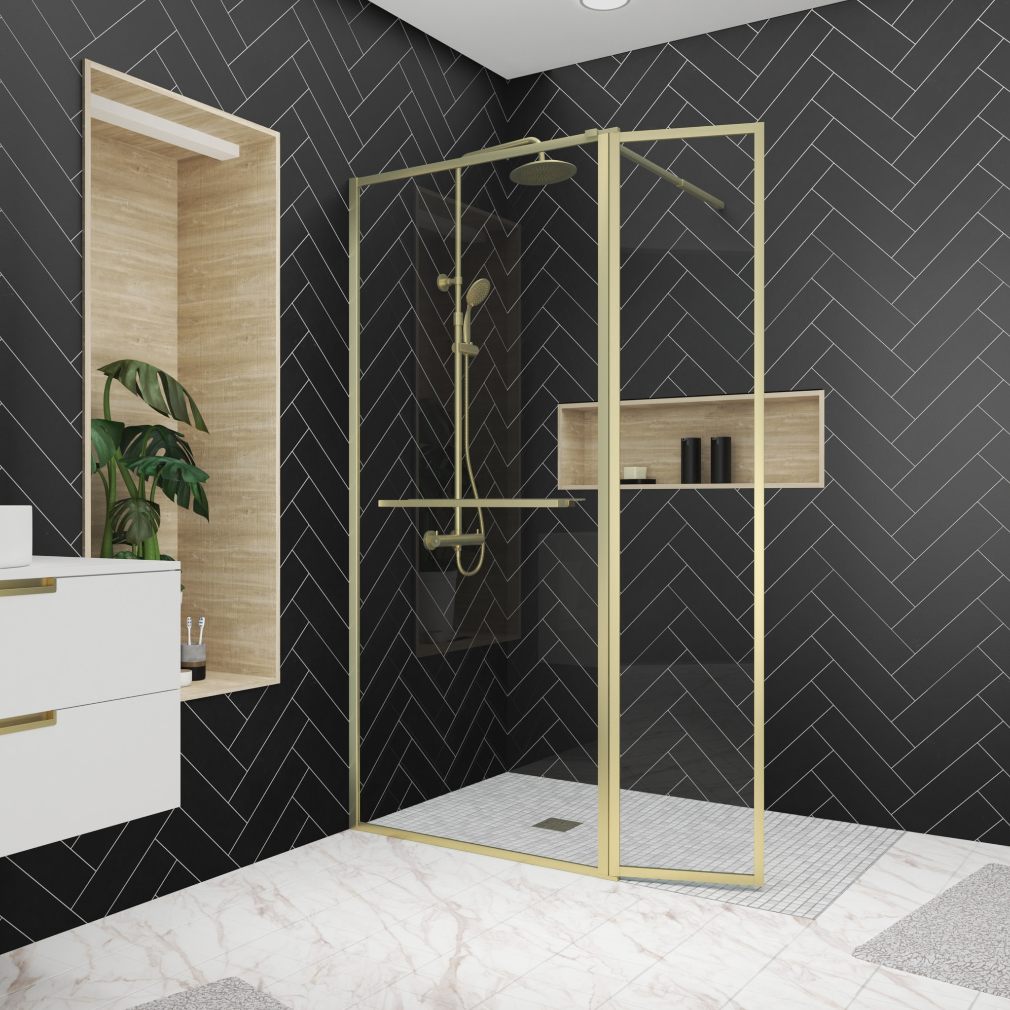 Paroi de Douche avec Volet Pivotant 90+40x200 cm - Porte-serviette + Etagère Finition Or Doré Brossé