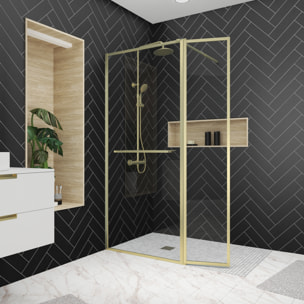 Paroi de Douche avec Volet Pivotant 90+40x200 cm - Porte-serviette + Etagère Finition Or Doré Brossé
