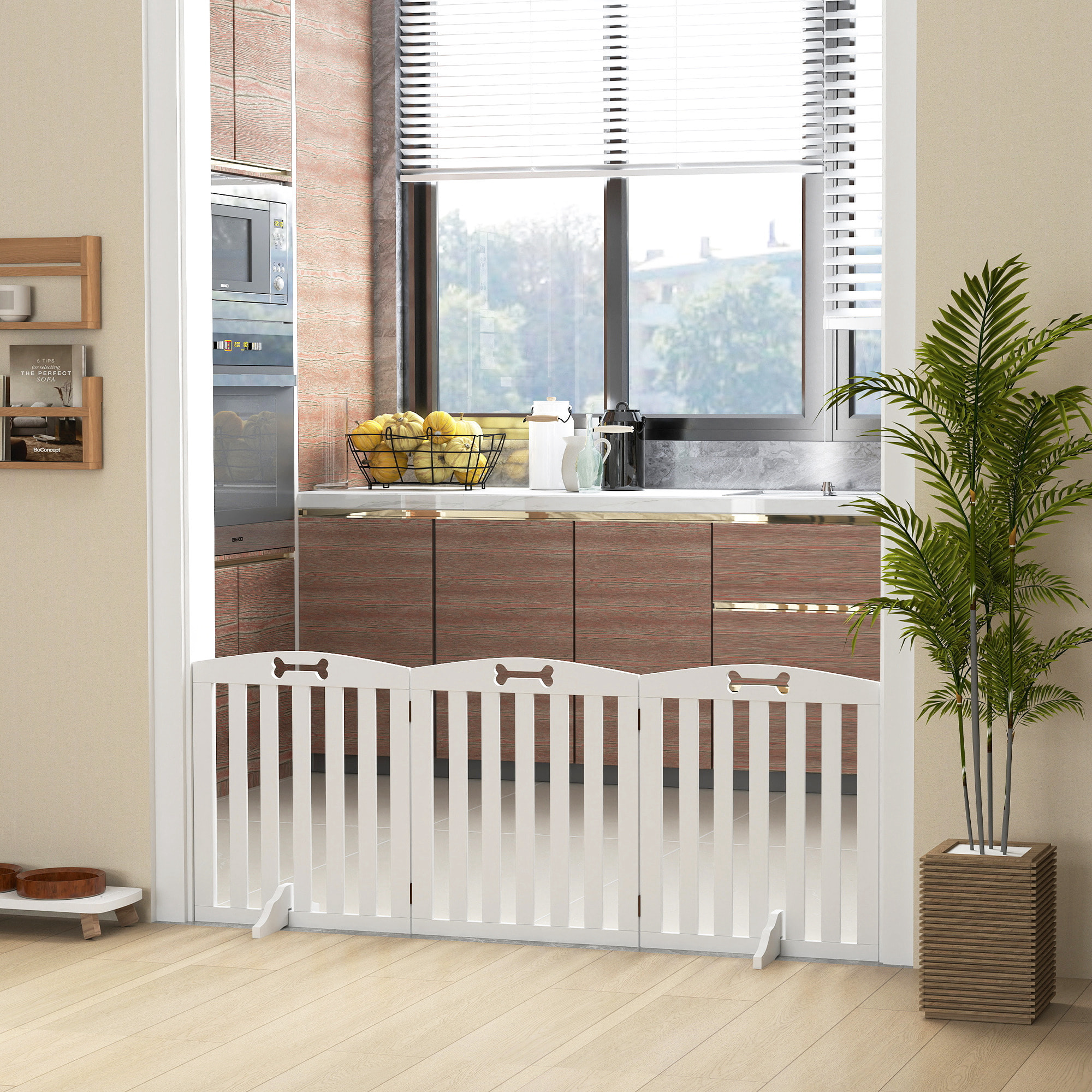 Barrera de Seguridad para Perros Plegable 155 cm, Valla para Perros Pequeños y Medianos de 3 Paneles con Pies Extraíbles, Puerta de Seguridad para Mascotas, para Escalera, Pasillo, Blanco