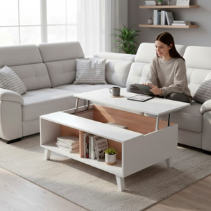 Tavolino Da Caffè Tavolo Basso Con Piano Sollevabile Da Salotto Soggiorno Moderno Con Ripiani Salvaspazio Design 100 x 68 x 38–50 Cm Bianco E Rovere