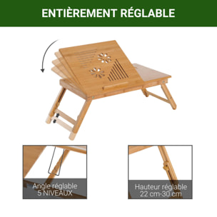 Table de lit pour ordinateur pliable réglable tiroir évents cale porte-gobelet bambou verni