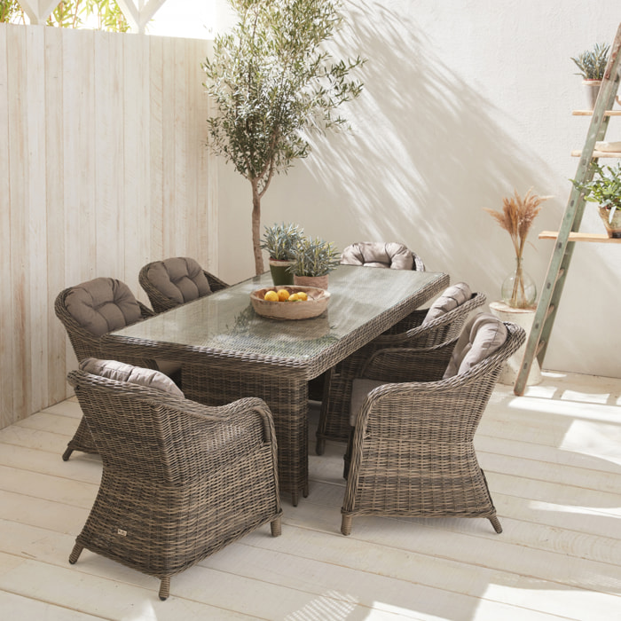 Table de jardin résine arrondie + 6 assises - Lecco Gris - Coussins beige - 6 places - 6 fauteuils. une grande table