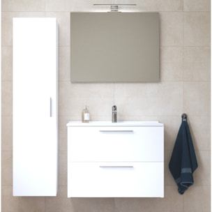 Set Mia ensemble meuble 79x61x39,5 cm  avec miroir, lavabo, éclairage LED + armoire 145x35x35cm, Blanc brillant