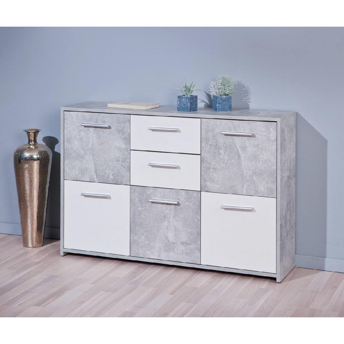 Credenza a cinque ante e due cassetti nella parte centrale, colore bianco e cemento, Misure 115 x 77 x 30 cm