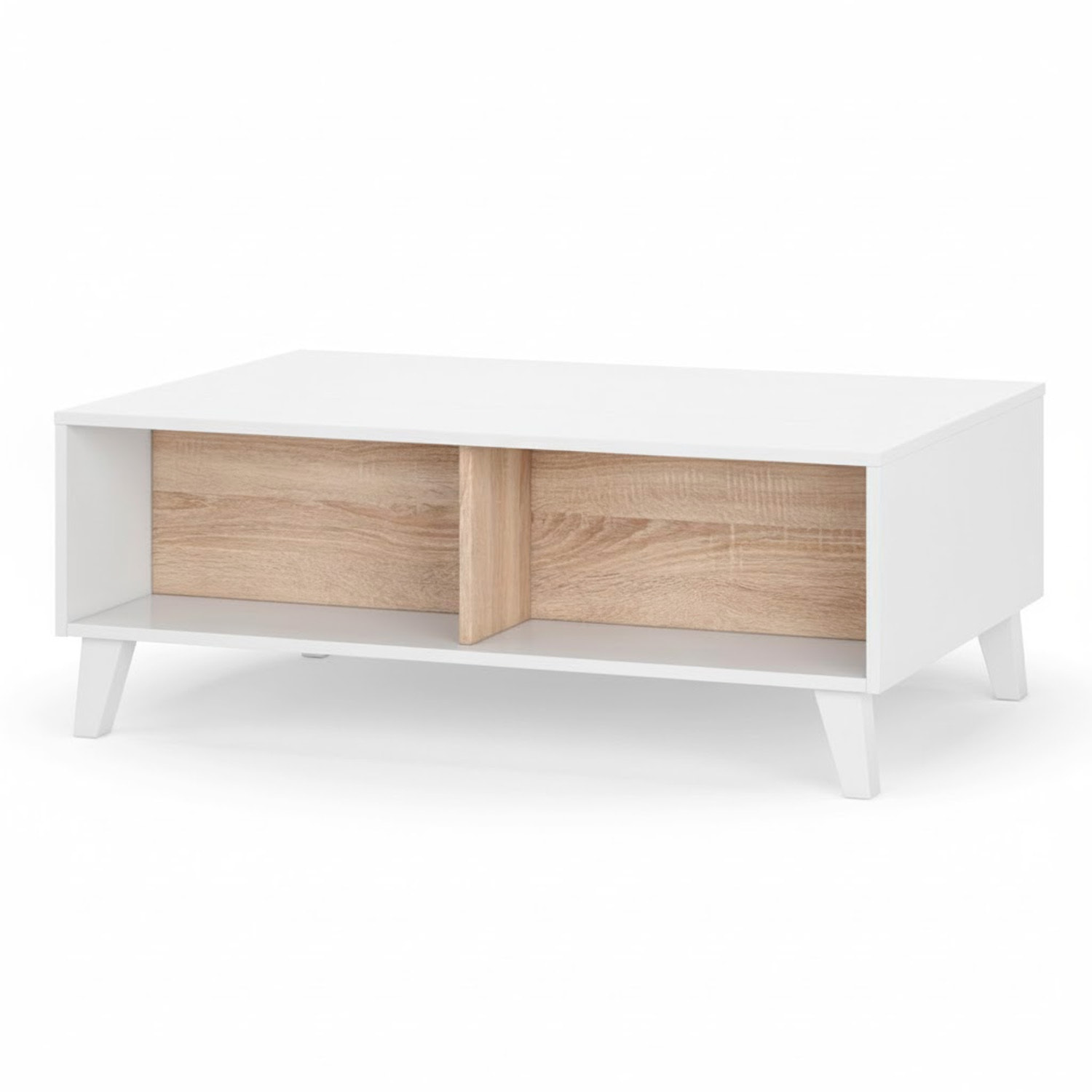 Tavolino Da Caffè Tavolo Basso Con Piano Sollevabile Da Salotto Soggiorno Moderno Con Ripiani Salvaspazio Design 100 x 68 x 38–50 Cm Bianco E Rovere