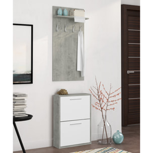 Set Ingresso Salvaspazio con Scarpiera 2 Ribalte e Appendiabiti da Parete Mensola Mobile Moderno Portascarpe 54x73x18 Cm Bianco Grigio Cemento