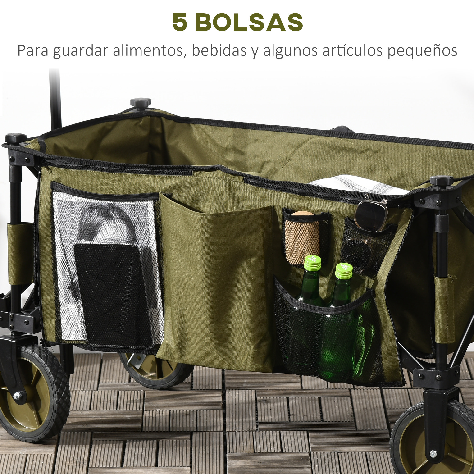 Carro Plegable de Jardín con Mango telescópico 5 Bolsas para Playa 108x55x93 cm