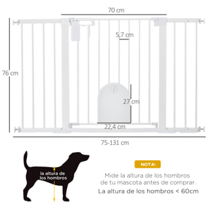 Barrera de Seguridad para Perros Extensible 75-131 cm, para Puertas y Escaleras, Barrera para Perros con Puerta Pequeña, 3 Extensiones, Montaje a Presión y Doble Bloqueo, Blanco