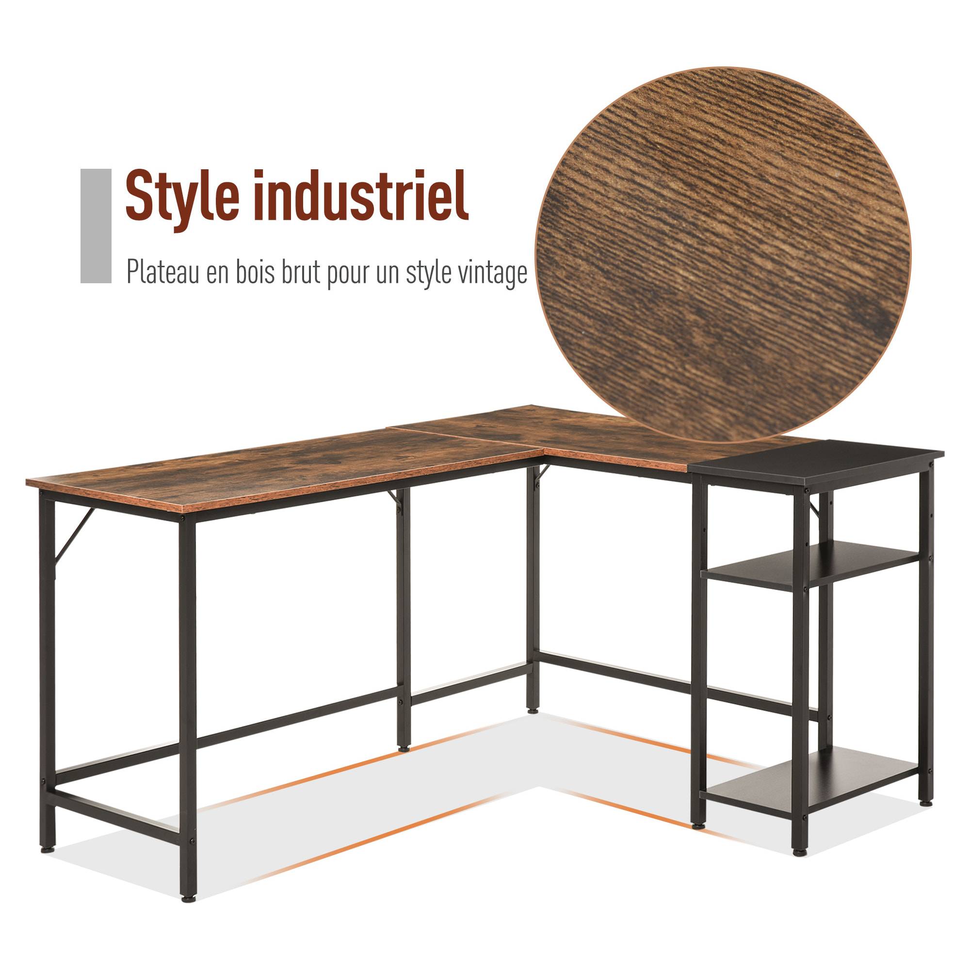 Bureau informatique design industriel bureau d'angle 2 tablettes support CPU imprimante aspect vieux bois métal noir