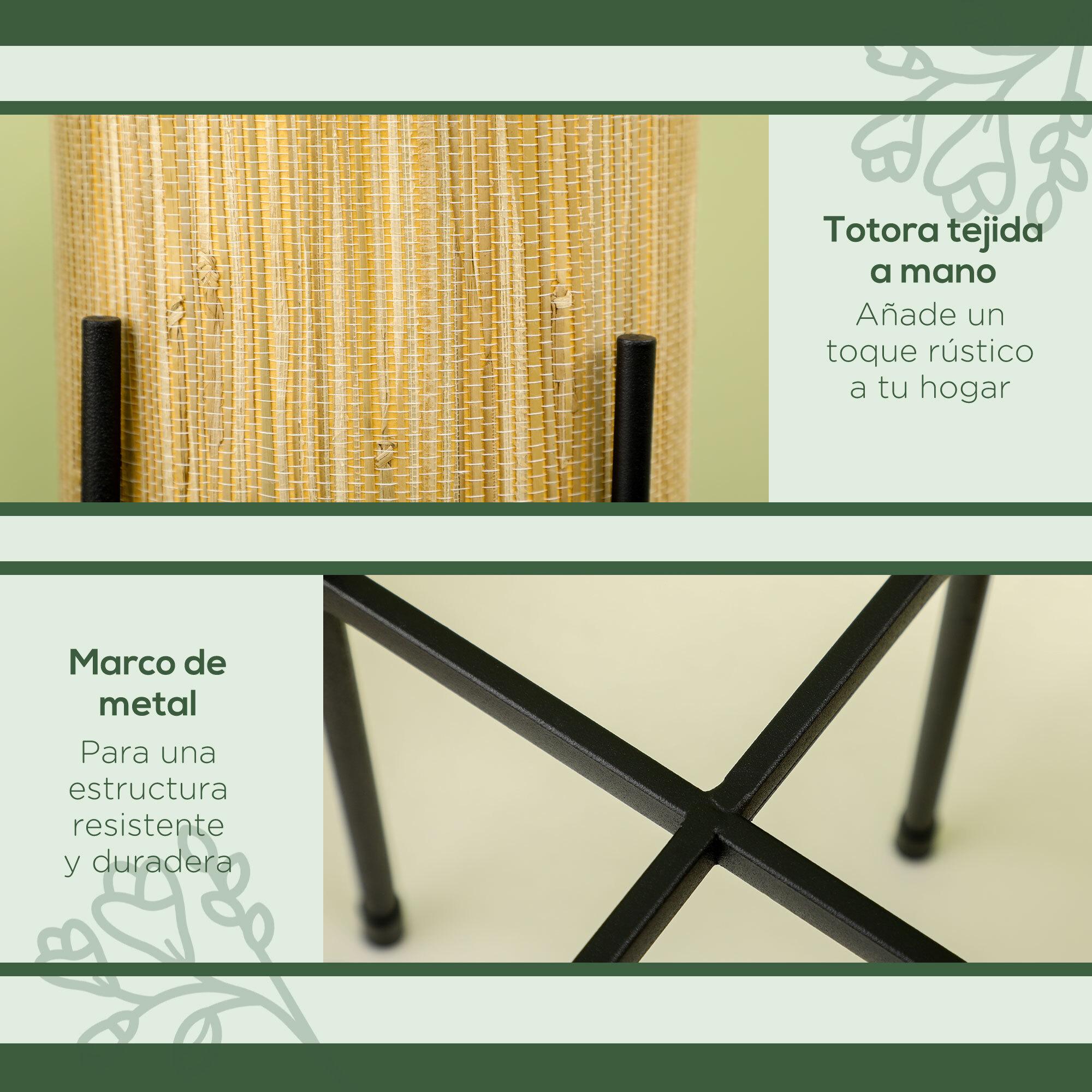 Juego de 2 Soportes para Plantas de Metal Cubierta de Totora Soportes para Macetas Maceteros Redondos para Salón Cocina Dormitorio Ø16x30 cm y Ø14x25,5 cm Negro