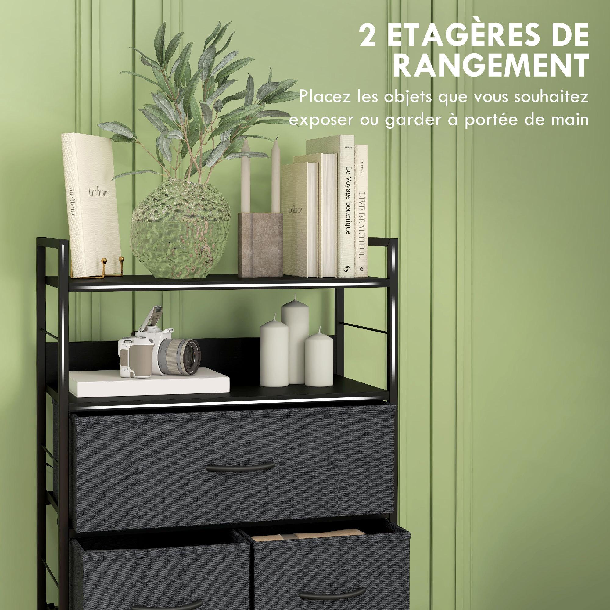 Meuble de rangement commode 5 tiroirs 2 étagères acier MDF non tissé noir