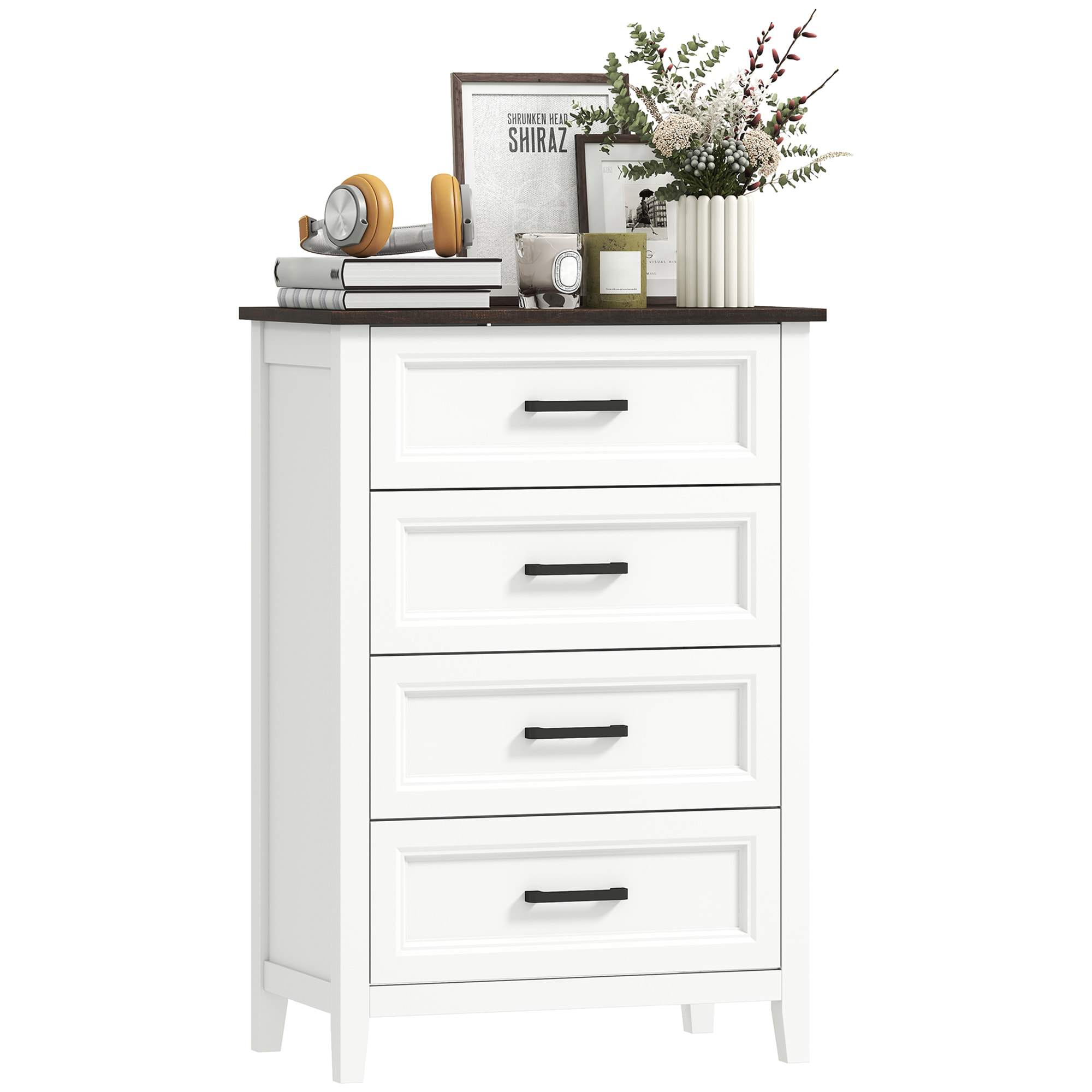 Cómoda 4 Cajones, Cómoda Dormitorio Estrecho y Alto con Encimera Efecto Madera, Cajonera para Espacios Pequeños, Salón, Oficina, 60x35x87 cm, Blanco