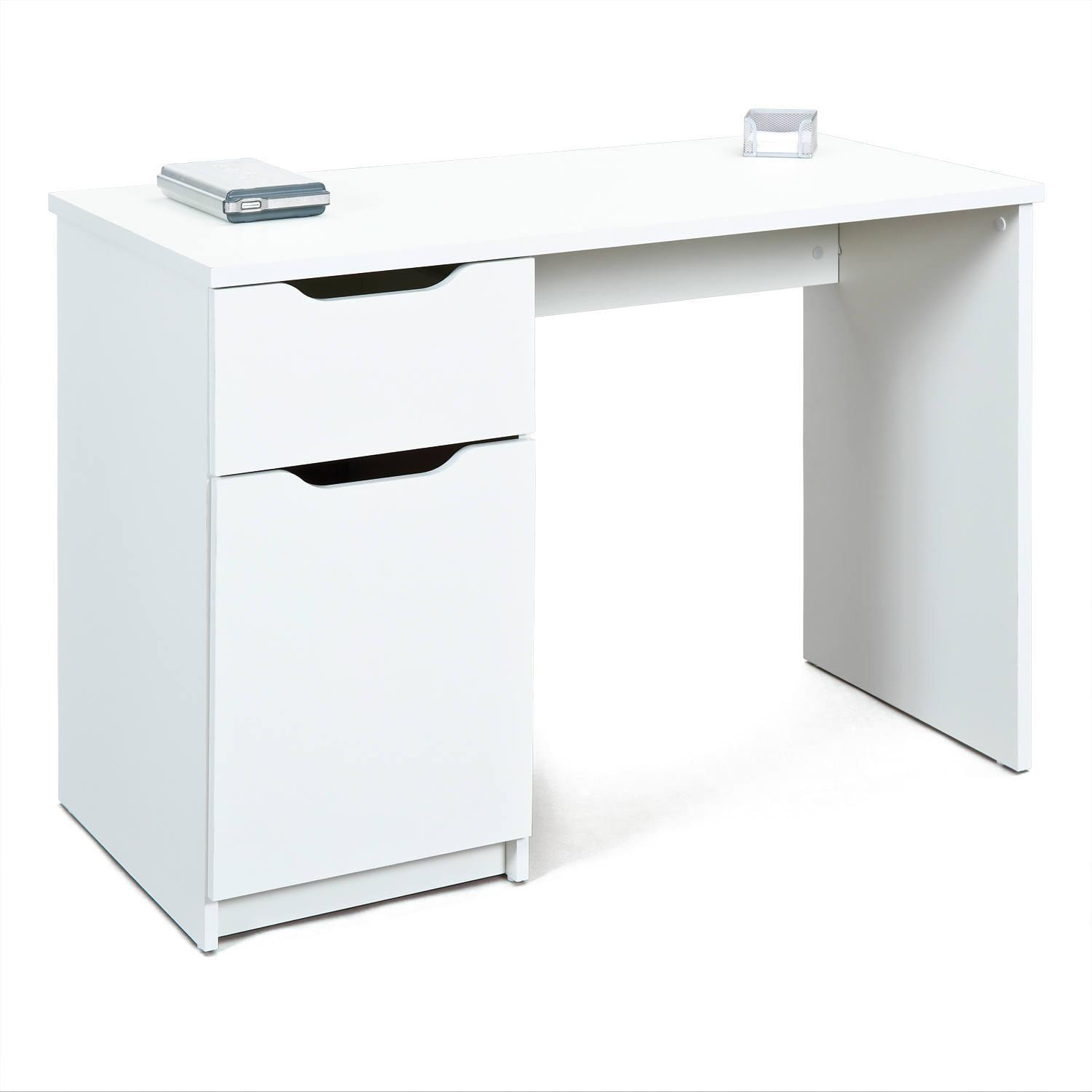 Scrivania con cassetto e anta laterale, colore bianco, cm 115 x 76 x 55.