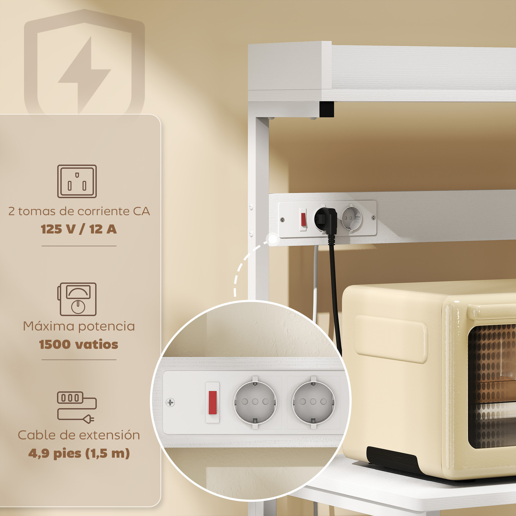 Estantería de Cocina con 2 Tomacorrientes, Estantería de Panadería Industrial con Estación de Café, Estante para Microondas, Estante Ajustable, Ganchos, 60x42x137 cm, Blanco