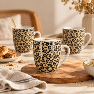 Lot de 6 mugs 35cl en porcelaine beige à motif léopard ANIMALS