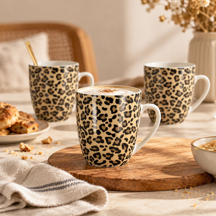 Lot de 6 mugs 35cl en porcelaine beige à motif léopard ANIMALS