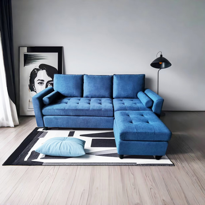 CHARLES - Canapé 3 places en velours avec pouf bleu