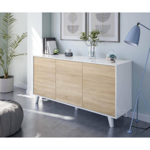 Credenza Arvada, Madia moderna a 3 ante e ripiani, Buffet da cucina, Buffet di design da soggiorno, cm 154x40h75, Bianco lucido e Bianco