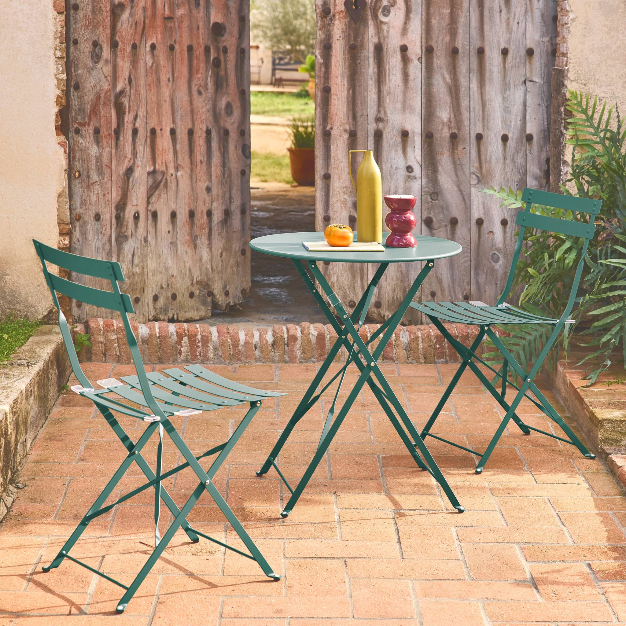 Table de jardin bistrot pliante métal + 2 assises bleu canard Ø60 x 70cm. acier thermolaqué