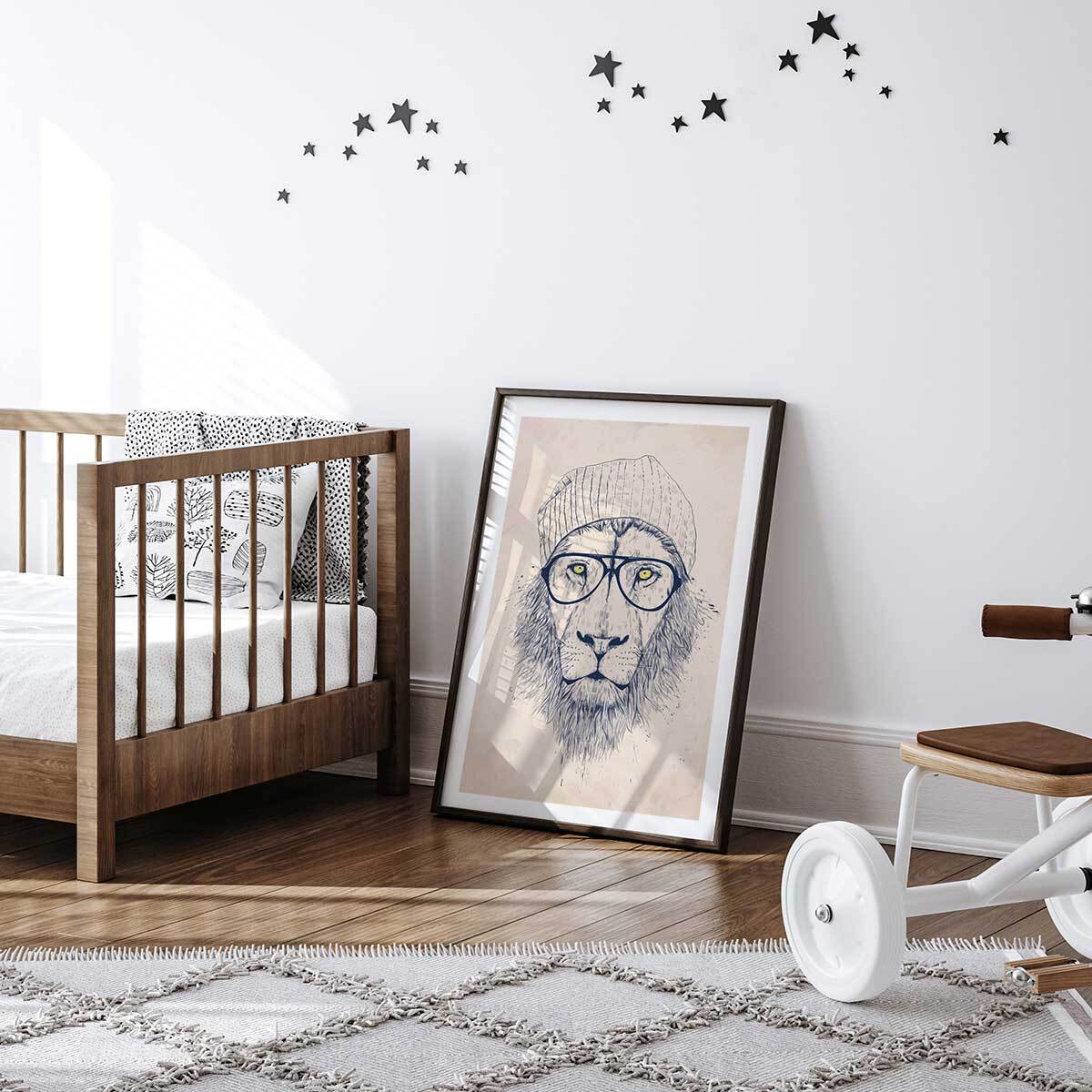 Affiche enfant lion  Affiche + cadre en bois - Noir