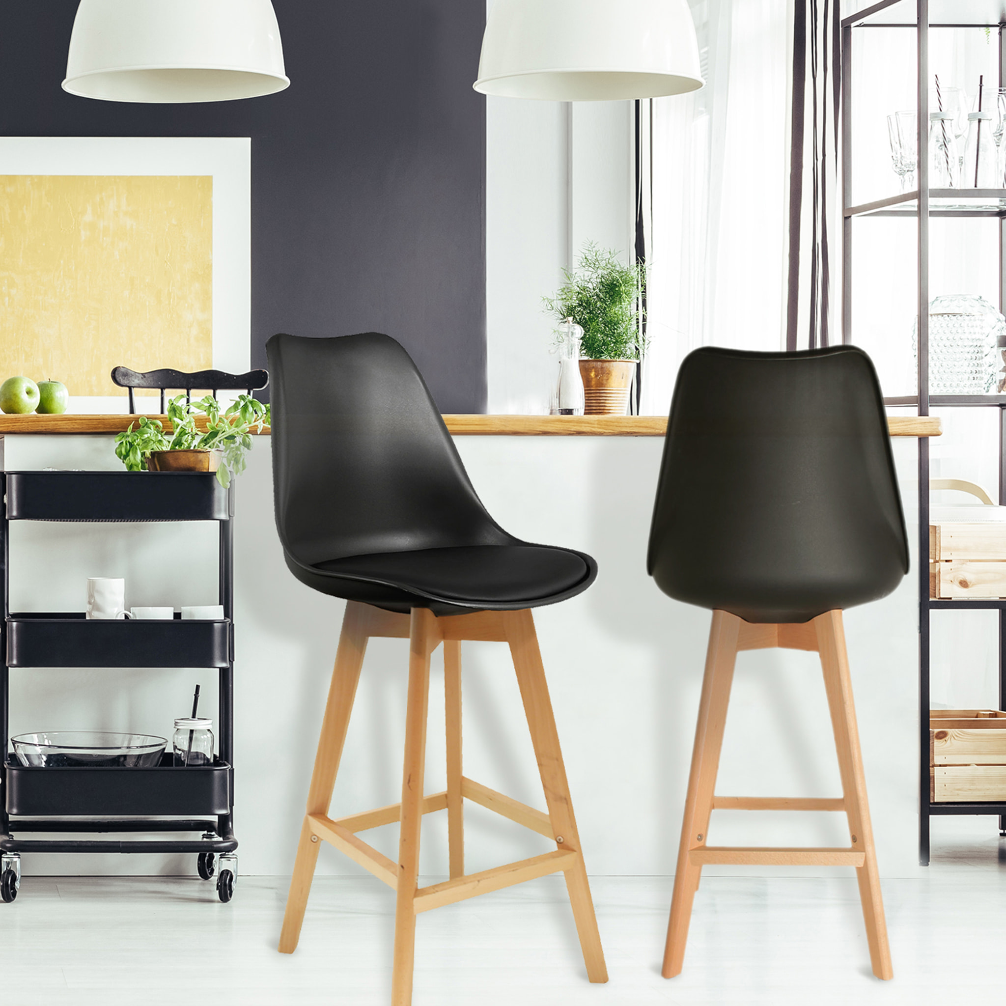 Chaise De Bar Noire Pieds Bois - Lot De 2