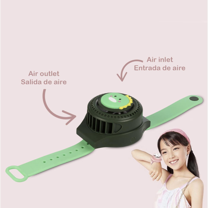 Reloj ventilador portátil con batería de 300mAh. Diseño dinosaurio. 3 velocidades.