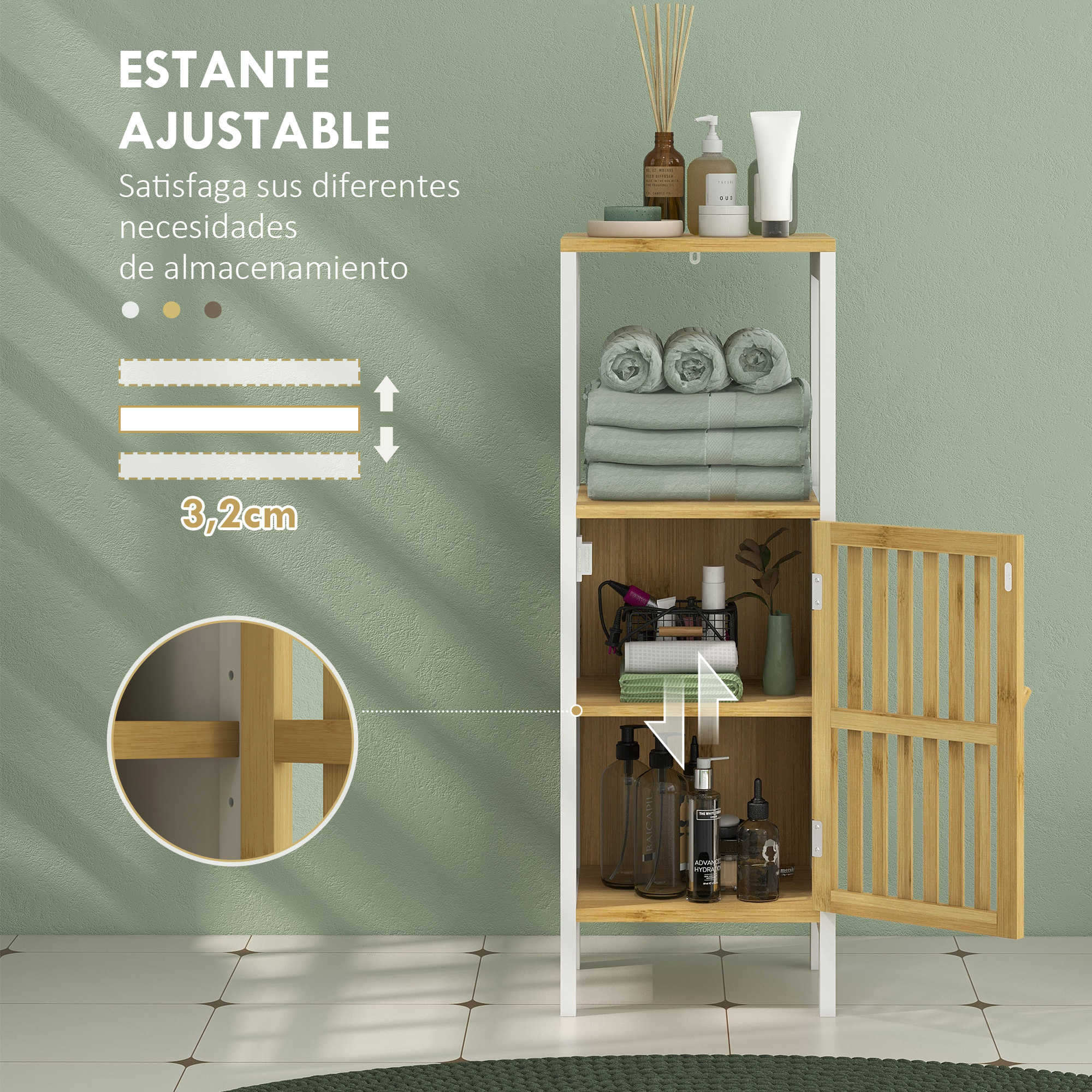 Armario Alto de Baño Columna de Baño Mueble Auxiliar de Baño con 1 Estante Abierto 1 Puerta y 1 Estante Ajustable 32x30x90,5 cm Natural y Blanco