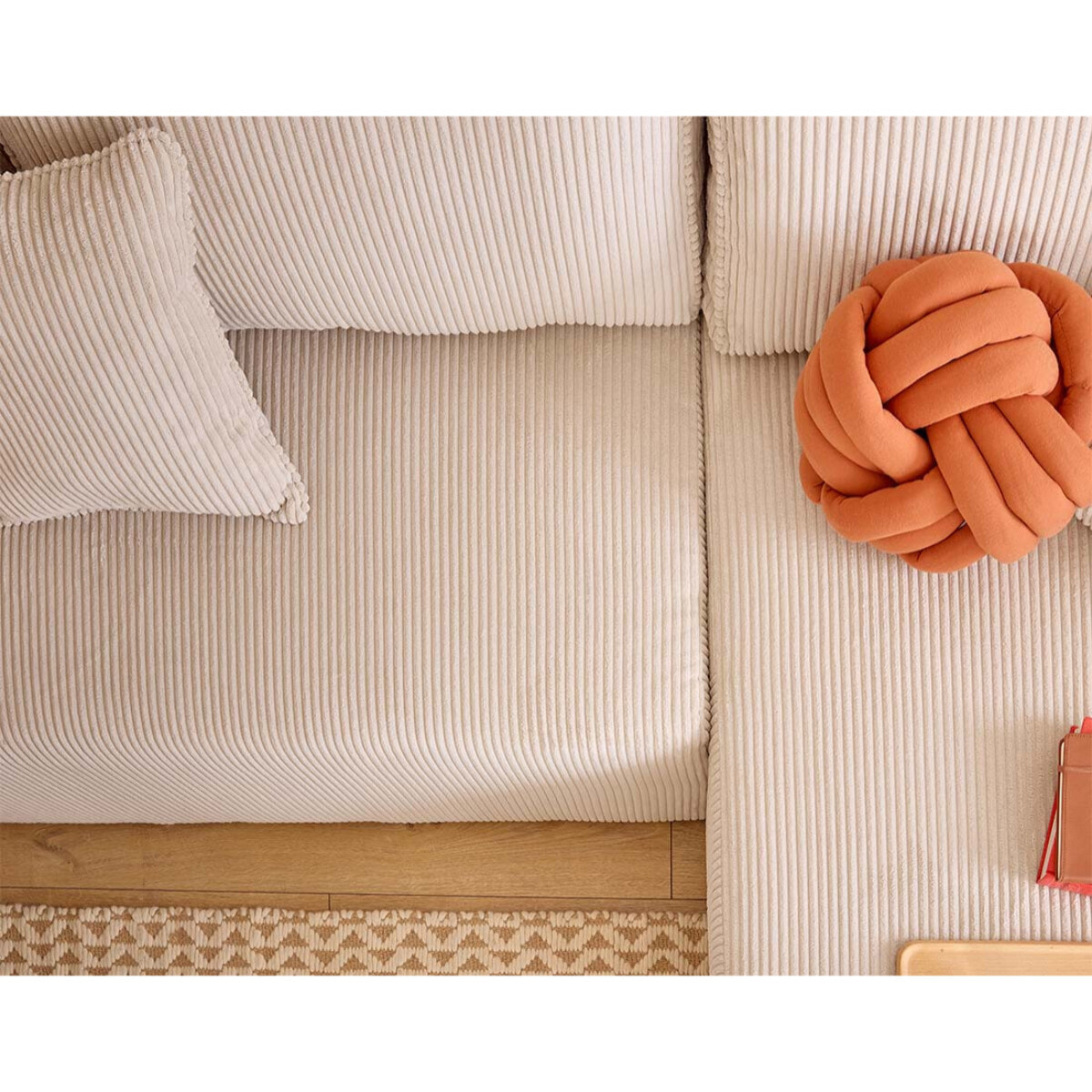 Topaze - canapé d'angle réversible 4 places - convertible avec coffre, tablette et poufs - en velours côtelé - Beige