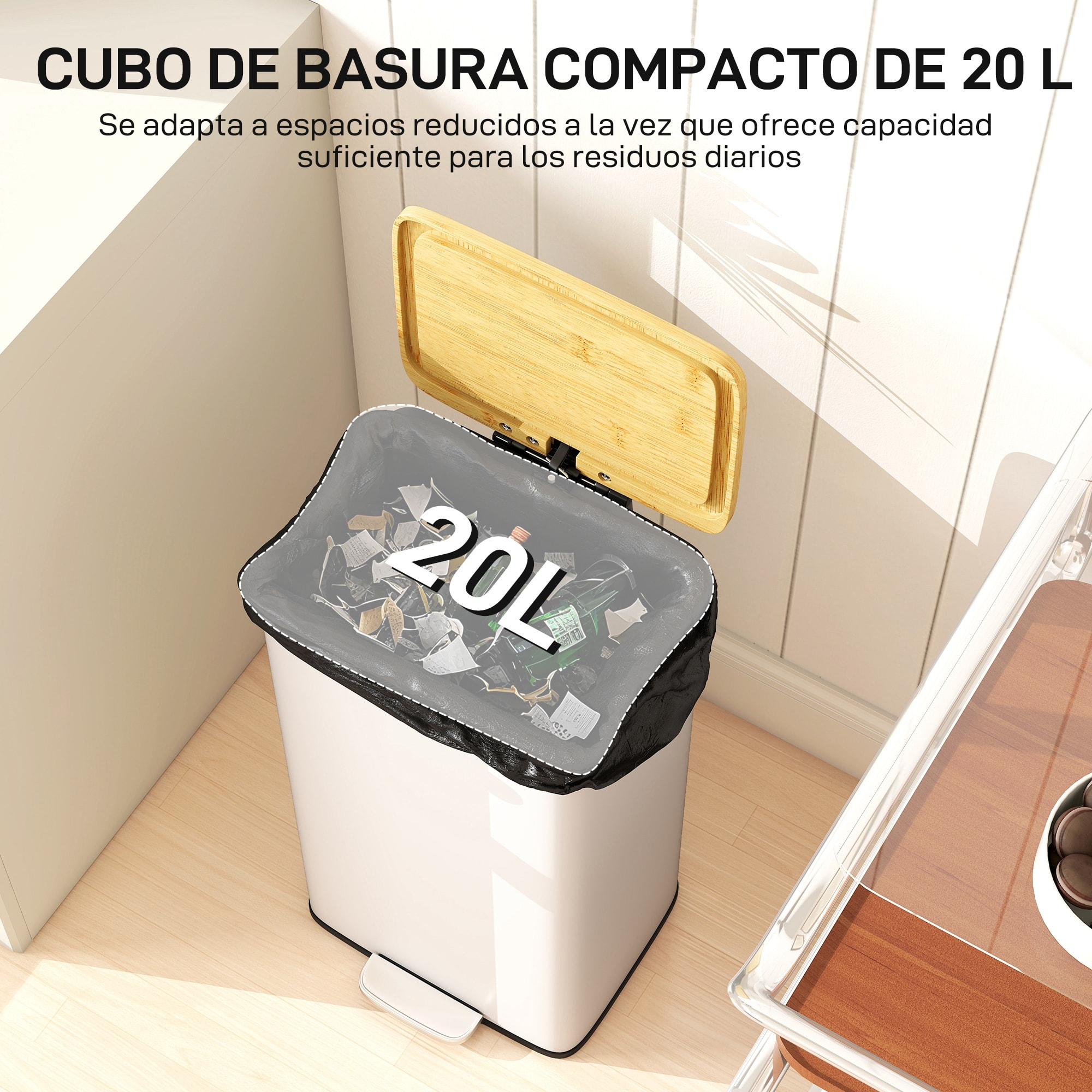 Cubo de Basura Cocina con Pedal, 20L, Tapa de Bambú de Cierre Suave, Papelera de Cocina con Cubo Interior Extraíble, Anti-Huellas, para Dormitorio, Salón, 29,5x29,5x56,8 cm, Blanco y Natural