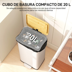 Cubo de Basura Cocina con Pedal, 20L, Tapa de Bambú de Cierre Suave, Papelera de Cocina con Cubo Interior Extraíble, Anti-Huellas, para Dormitorio, Salón, 29,5x29,5x56,8 cm, Blanco y Natural