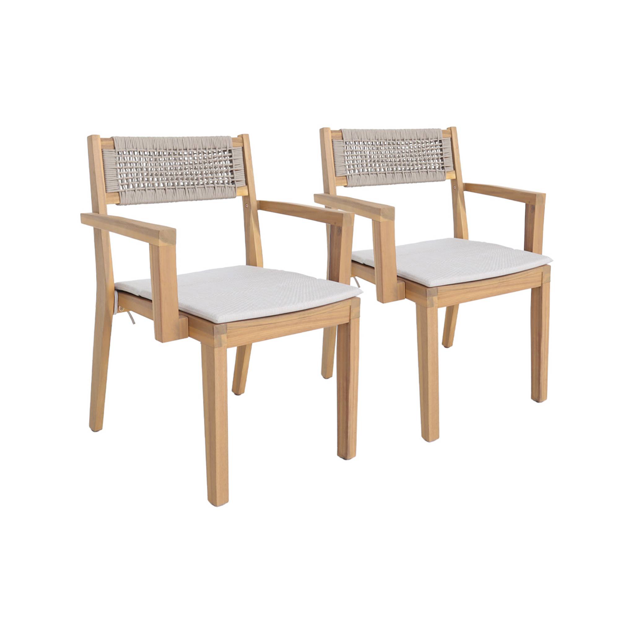 Lot de 2 fauteuils de jardin beige GALENA bois d'acacia avec coussin et corde. 59 x 55 x 81 cm