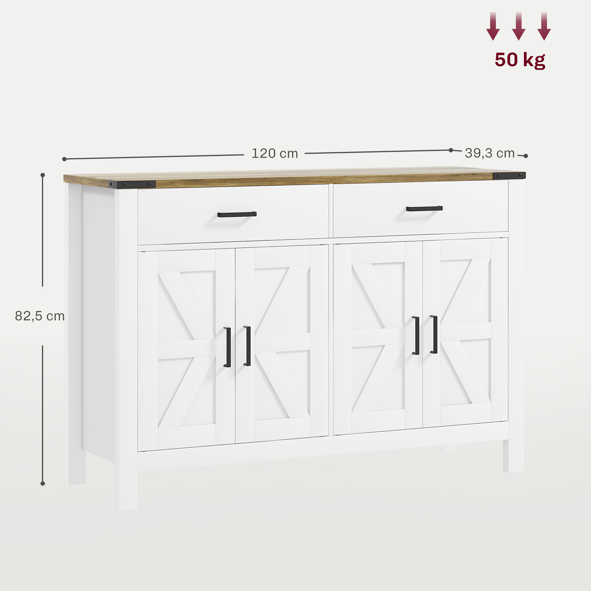 Buffet style rural chic 4 portes façades croisillons 2 étagères 2 tiroirs - dim.120 x 39,3 x 82,5 cm - métal noir effet bois blanc