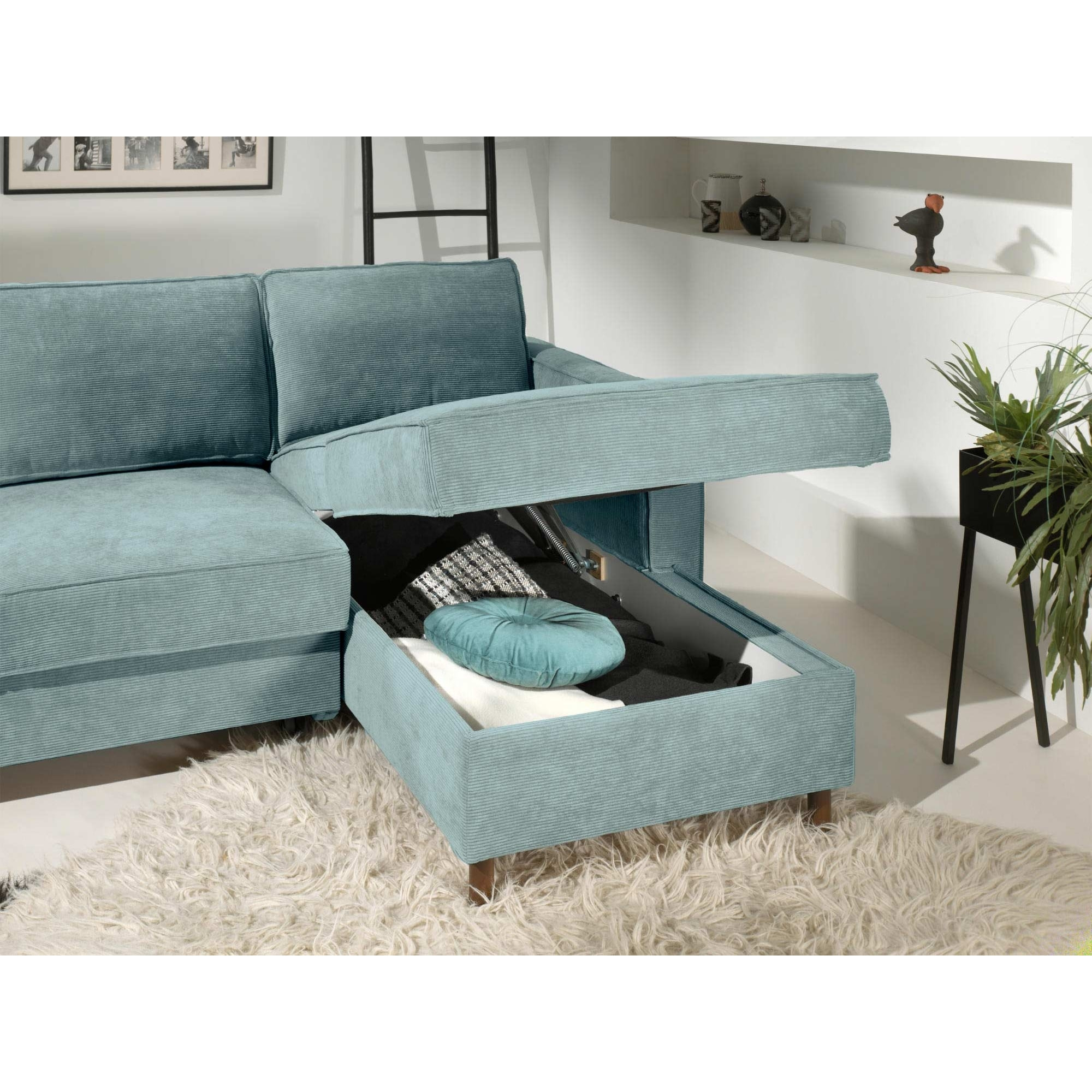 Jake - canapé d'angle droit - convertible avec coffre - 4 places - en velours côtelé - Bleu