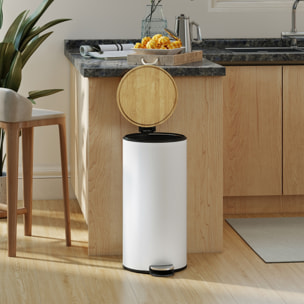 Cubo de Basura Cocina con Pedal, 30L, Papelera de Cocina Metálico con Tapa de Cierre Suave y Cubo Extraíble, para Dormitorio, Oficina, Estudio y Salón, 36x30x60,5 cm, Blanco y Madera Natural