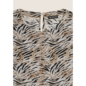 Vestito midi in viscosa animalier con maniche corte