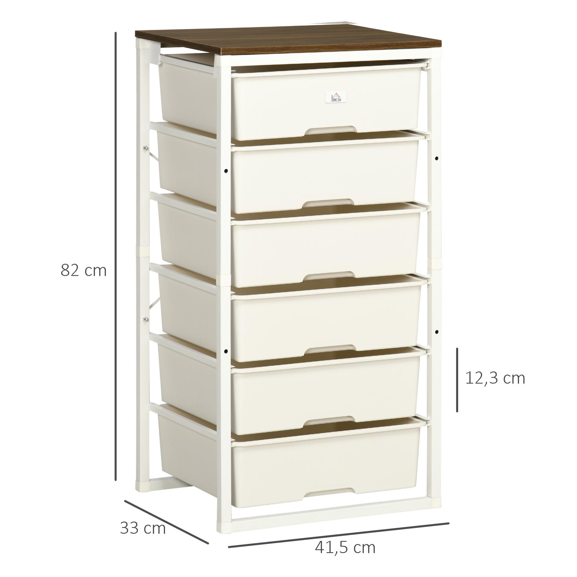 HOMCOM Cajonera con 6 Cajones de Plástico Cajonera de Armario Interior con Marco de Acero para Salón Dormitorio Habitación 41,5x33x82 cm Blanco