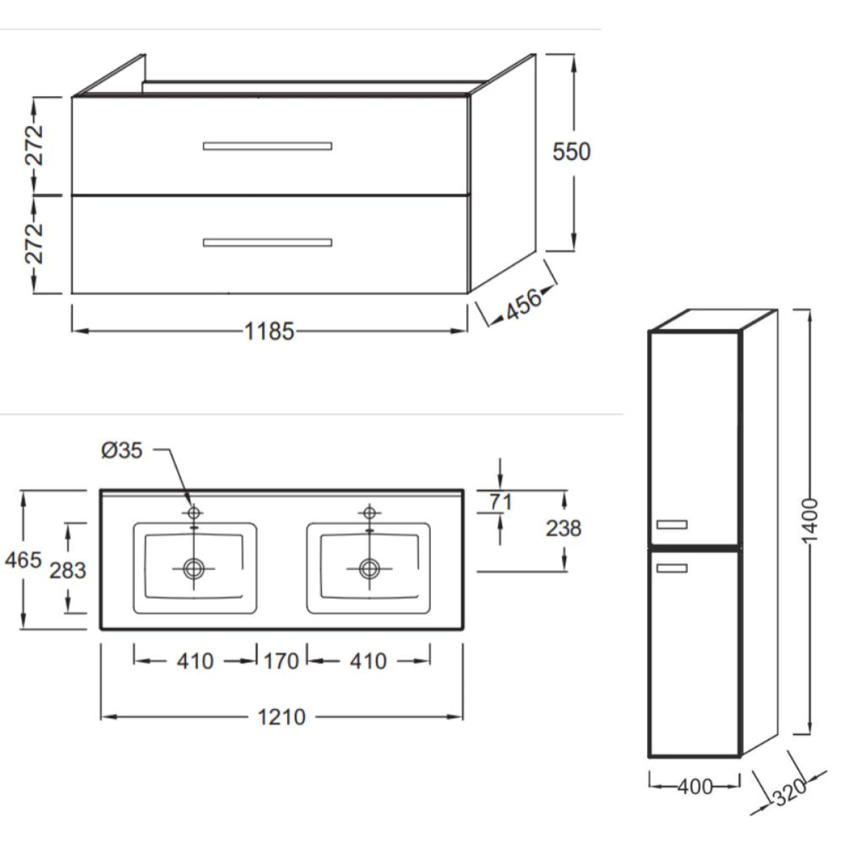 Meuble double vasque 120 cm Ola up + colonne de salle de bain blanc