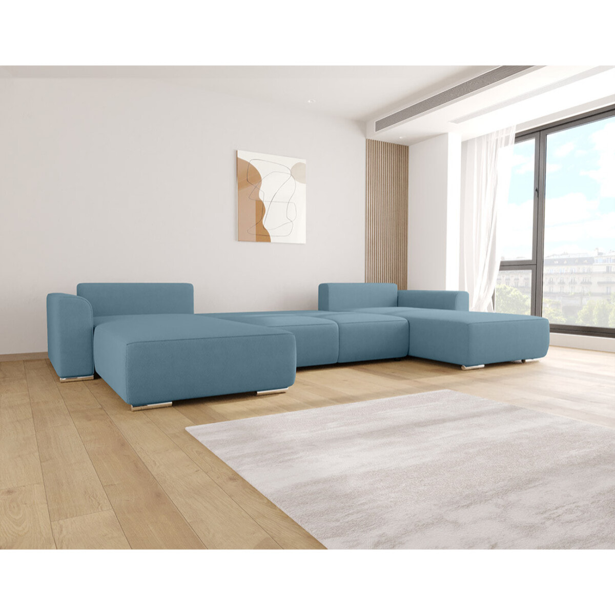 Gabriel - Canapé panoramique en U 7 places convertible avec coffre en tissu texturé - Bleu