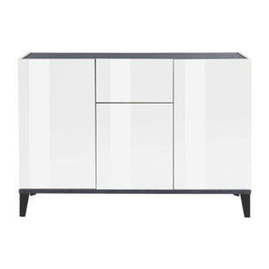 Credenza moderna a 3 ante e 1 cassetto, Made in Italy, Madia da cucina rialzata, Buffet di design da soggiorno, Cm 120x40h82, Bianco lucido e Ardesia