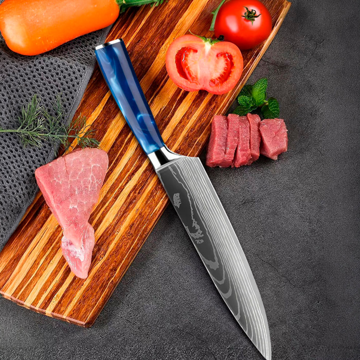 Set di coltelli da chef con 6 pezzi in stile Damasco con design elegante e manico ergonomico con estremità in acciaio.