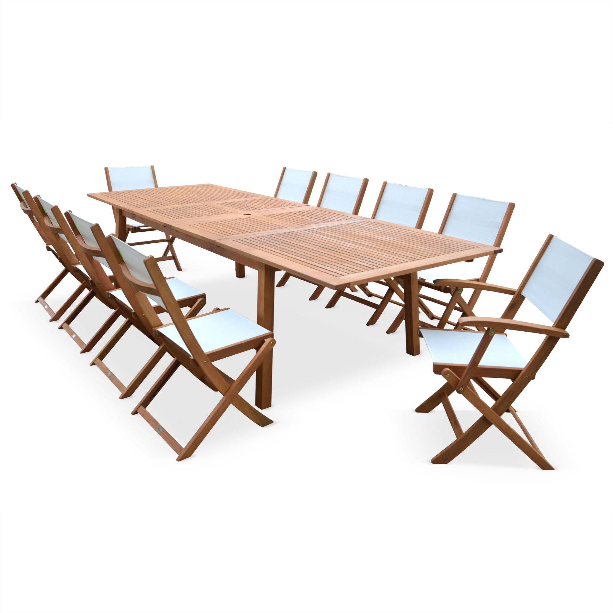 Salon de jardin en bois extensible - Almeria - Grande table 200/250/300cm avec 2 rallonges. 2 fauteuils et 8 chaises. en bois d'Eucalyptus huilé et textilène blanc