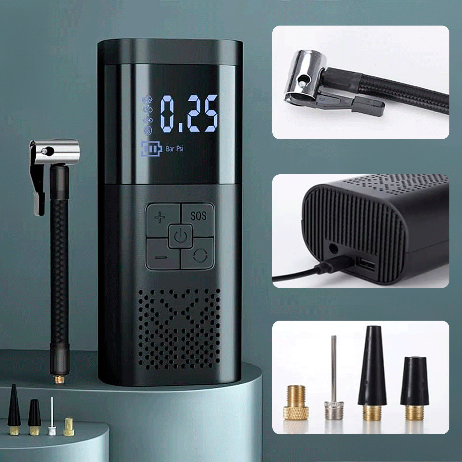 Pompa d'aria portatile e wireless per auto, 150PSI con luce LED, 3 modalità d'uso e 4 ugelli inclusi.