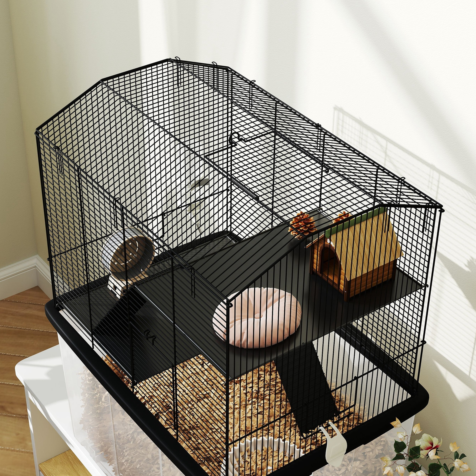Cage rongeur hamster 3 étages - roulettes, plateforme, échelle, accessoires - PP transparent acier noir