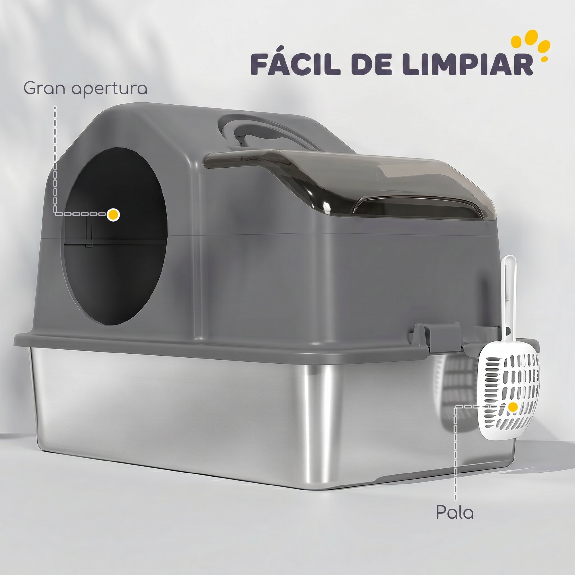 Arenero para Gatos Cubierto Extragrande Caja de Arena Cerrado con Bandeja de Acero Inoxidable Tapa Extraíble Bordes Altos Tapetes Pala sin Olor Fácil de Limpiar para Gatos Grandes Gris Oscuro