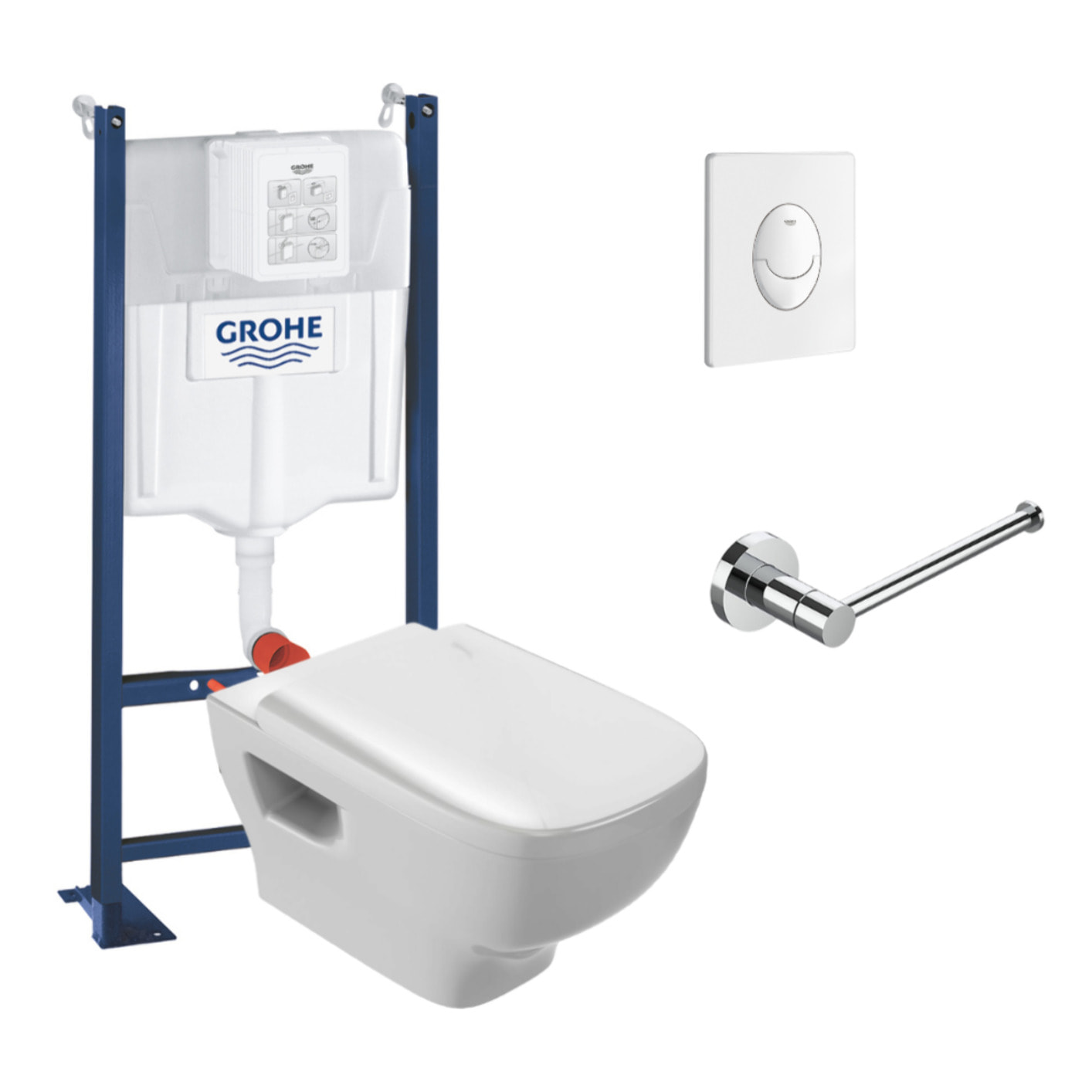 Pack WC suspendu sans bride Struktura + Bati-support GROHE + plaque Start blanc + porte-rouleau rond