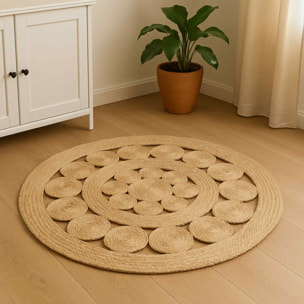 Alfombra redonda de yute trenzado - Diseño de líneas caladas para decorar con estilo y calidez 90cm,