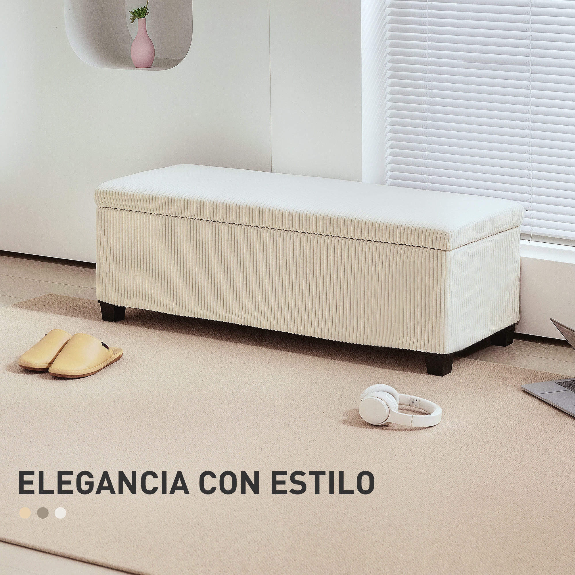 Puff Almacenaje, Banco Almacenaje Plegable, Capacidad de 84 L, 112x42x40 cm, Tapizado en Pana, Pie de Cama, para Sala de Estar, Dormitorio, Entrada, Beige