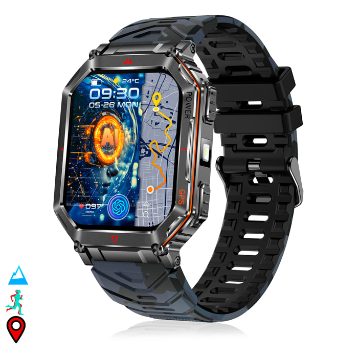 Smartwatch KR92 con chiamate BT, GPS, strumenti di esplorazione, monitor cardiaco, ChatGPT e oltre 100 modalità sportive.