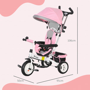 Triciclo para Bebés Triciclo Evolutivo para Niños con Toldo Plegable Mango de Empuje Telescópico y Desmontable Cinturón de Seguridad y Cesto 95x50x106 cm Rosa