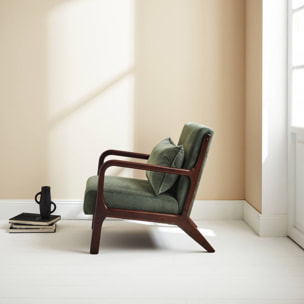 Fauteuil velours côtelé vert . pieds bois d'hévéa teinté wengé. 1 place droit fixe. pieds compas scandinave. structure en bois solide